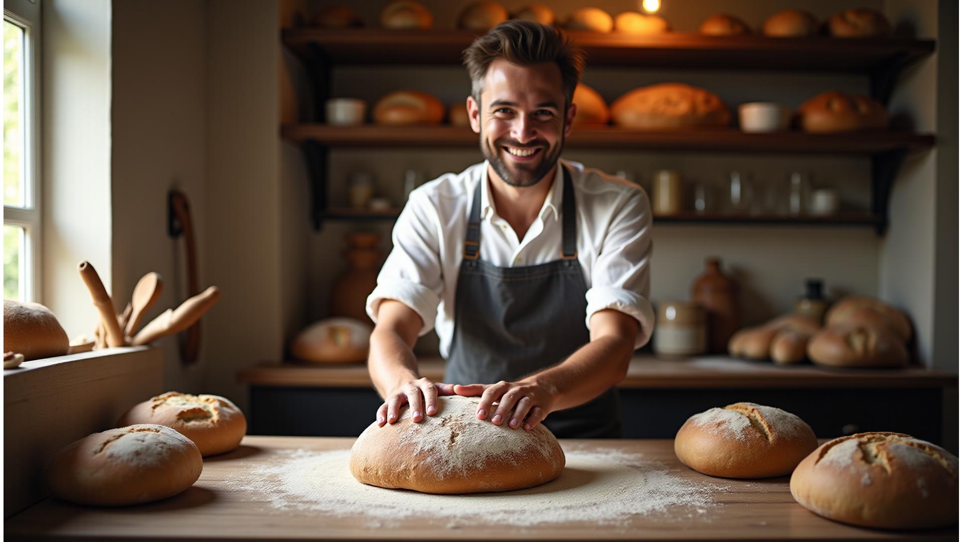 Boulanger préparant du pain artisanal dans l'atelier de Blé Sauvage à Paris