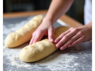 Boulanger façonnant des baguettes sur une table de travail enfarinée