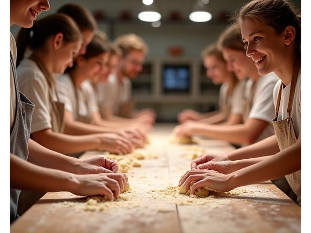 Participants joyeux lors d'un atelier de boulangerie chez Blé Sauvage, façonnant du pain