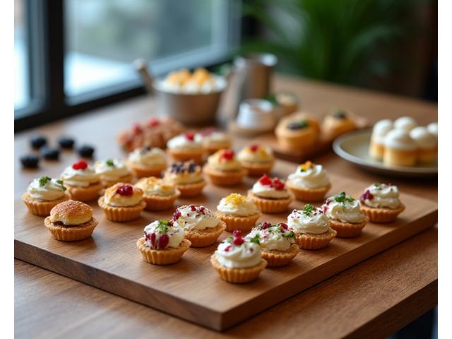 Buffet traiteur élégant avec des mini-viennoiseries et sandwichs Blé Sauvage pour une réunion d'entreprise