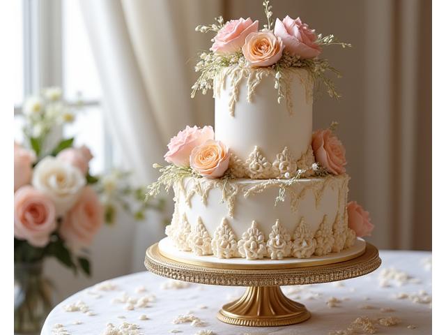 Gâteau de mariage élaboré de Blé Sauvage, décoré de fleurs fraîches, sur un support élégant