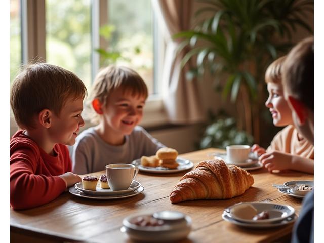 Famille partageant un petit-déjeuner avec des viennoiseries Blé Sauvage
